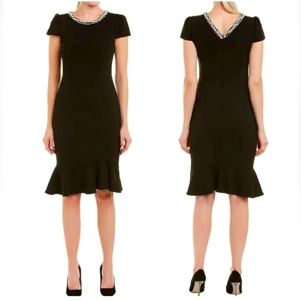 Betsey Johnson Black Dress Pearl & Fringe Neckline Cap Sleeves Ruffled Hem